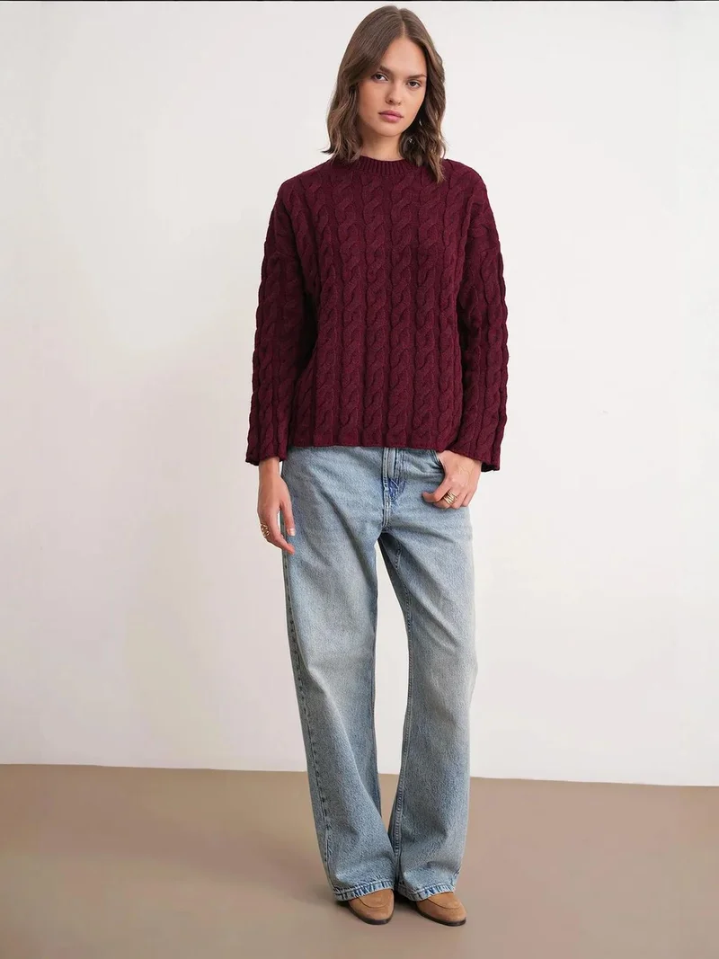MixRay Mixray Slim Fit Cable Knit Pattern Crew Neck Sweater