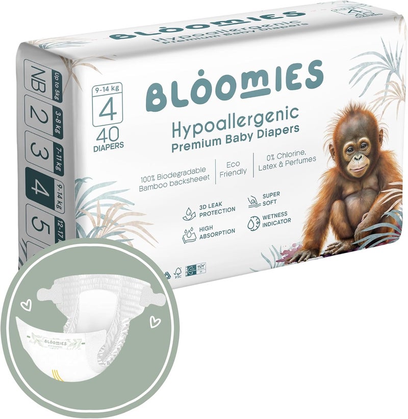 Bloomies Premium Baby Diapers Size 2,3,4, Counts 22,40,66,120, Wetness Indicator Eco-friendly and Hypoallergenic Ultra-soft Nappy Diaper Skin Friendly, Leakage Protection,100% Organic Natural Bamboo - Image 1