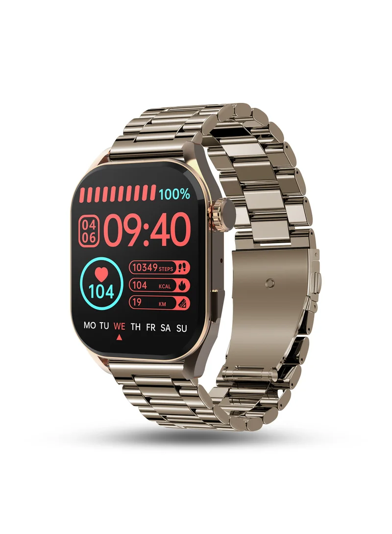 Pebble Cosmos Vogue 1.96" Amoled Smartwatch, Rectangular Metal Dial, BT Calling, Multiple Sports Mode, Heart Rate Monitor, IP67 Water Resistant, AI Voice Assistance, Alarm & Notification, Classic Gold