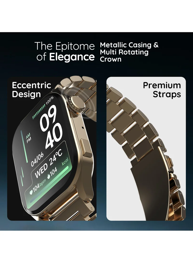 Pebble Cosmos Vogue 1.96" Amoled Smartwatch, Rectangular Metal Dial, BT Calling, Multiple Sports Mode, Heart Rate Monitor, IP67 Water Resistant, AI Voice Assistance, Alarm & Notification, Classic Gold