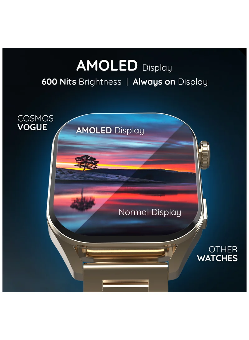Pebble Cosmos Vogue 1.96" Amoled Smartwatch, Rectangular Metal Dial, BT Calling, Multiple Sports Mode, Heart Rate Monitor, IP67 Water Resistant, AI Voice Assistance, Alarm & Notification, Classic Gold