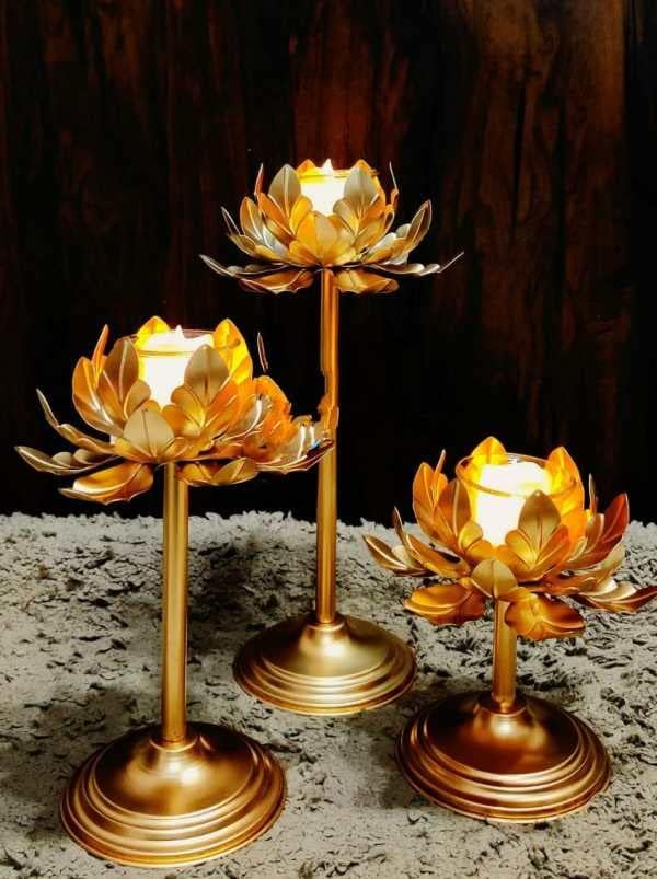 The Decor Affair The Decor Affair Set of 3 Golden Metal Lotus Flower Tealight Candle Holder Stands Elegant Votive Candle Holders with Intricate Petal Design Perfect for Home Dcor 