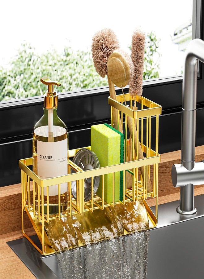 Cisily Gold Kitchen Sink Caddy Organzier with High Brush Holder, Sponge Holder for Sink, 304 Rustproof Stainless, Kitchen Countertop Soap Dispenser Organizer, Home Decor and Accessories - Image 1