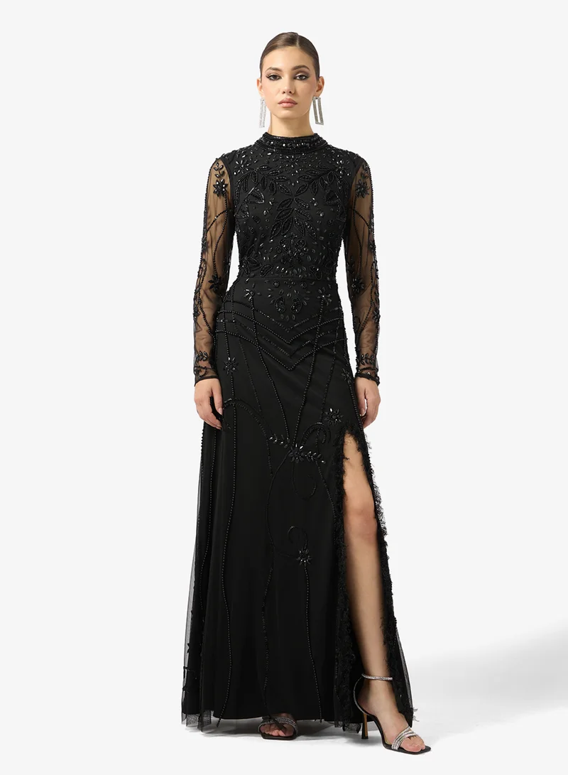 Amelia Rose Embellshed high neck side slit dress