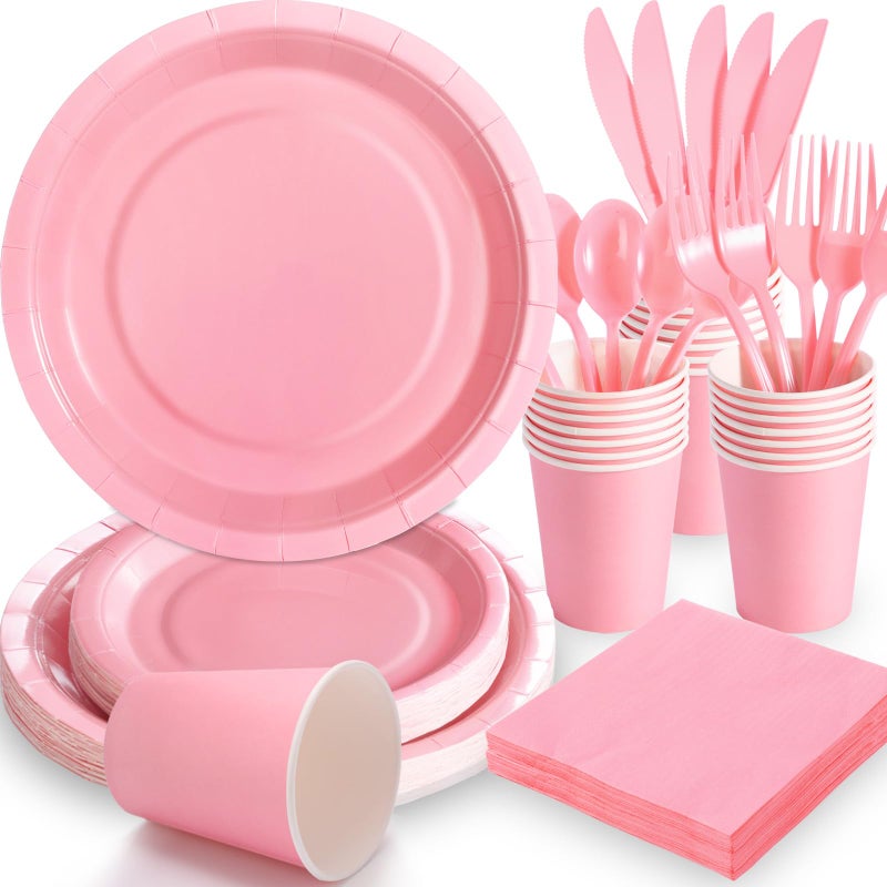 Gudvilla 168PCS Light Pink Paper Plates and NapkinsPink Disposable Plates Set with Pink Utensils Serve 24 GuestsPink Birthday Decorations for Women Wedding Baby Shower Gender Reveal Party Supplies