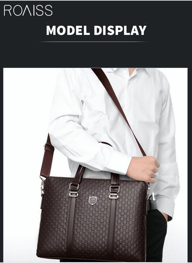 roaiss - Classic Briefcase Textured Leather Laptop Messenger Bag for Men Travel Business Leather Lawyers Briefcase Shoulder Laptop Slim Bags Brown - Image 1
