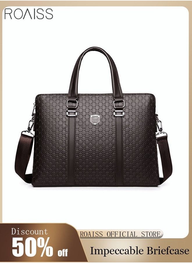 roaiss - Classic Briefcase Textured Leather Laptop Messenger Bag for Men Travel Business Leather Lawyers Briefcase Shoulder Laptop Slim Bags Brown - Image 1