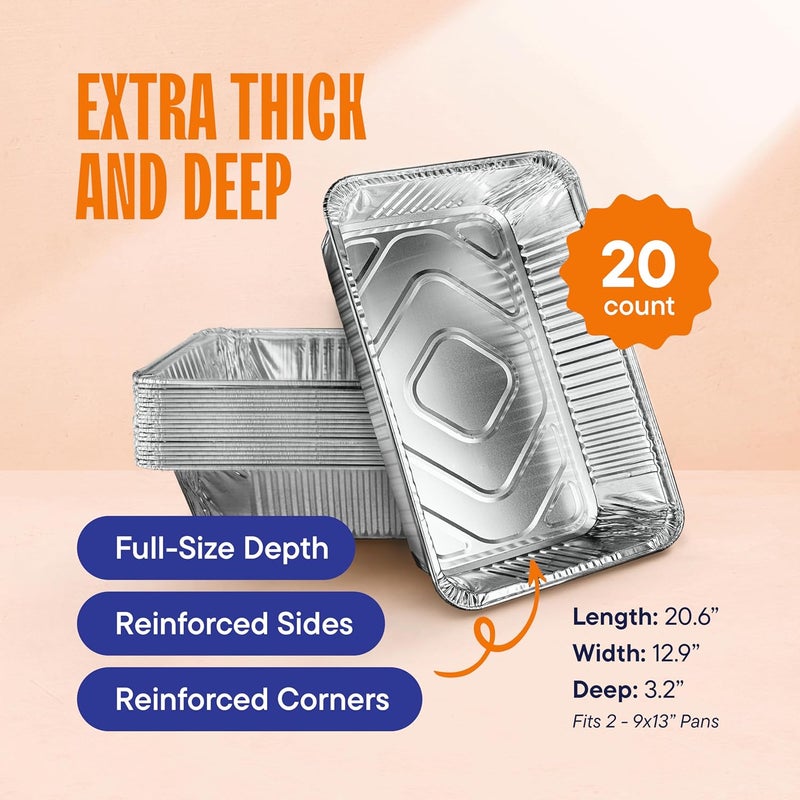 Stack Man Full Size Large Aluminum Pans, Disposable Foil 21x13 Deep [20-Pack] Steam Table Chafing Pan - Extra Heavy Duty Durable Tray - Great for Roasting, Cooking, Warming, Prepping and Storing Food - Image 2