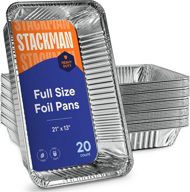 Stack Man Full Size Large Aluminum Pans, Disposable Foil 21x13 Deep [20-Pack] Steam Table Chafing Pan - Extra Heavy Duty Durable Tray - Great for Roasting, Cooking, Warming, Prepping and Storing Food - Image 1