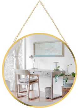 Home Elements HOME ELEMENTS Wall Hanging Round Mirror with Chain, Scratchproof Silver Mirror, Circle Golden Metal Frame Mirror for Aesthetic Room Decor, Bathroom, Bedroom, Living Room, Entryway (35x46cm)  - Image 1