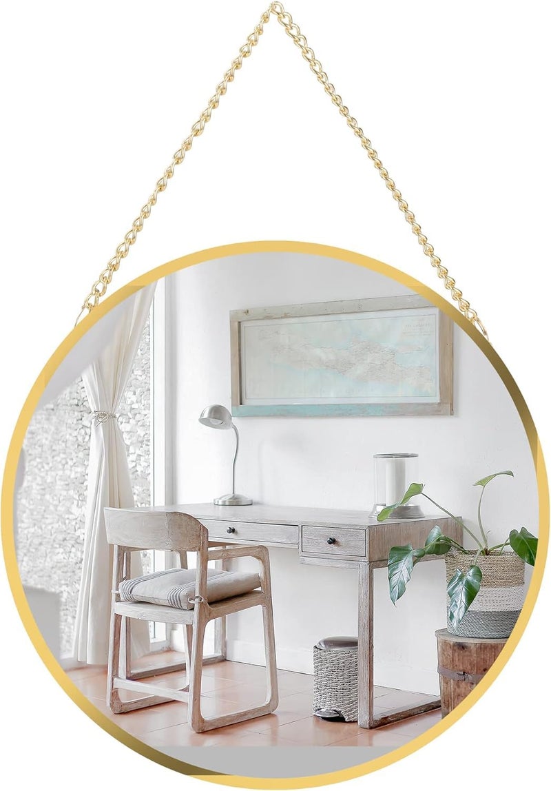 HOME ELEMENTS Wall Hanging Round Mirror with Chain, Scratchproof Silver Mirror, Circle Golden Metal Frame Mirror for Aesthetic Room Decor, Bathroom, Bedroom, Living Room, Entryway (35x46cm) - Image 1