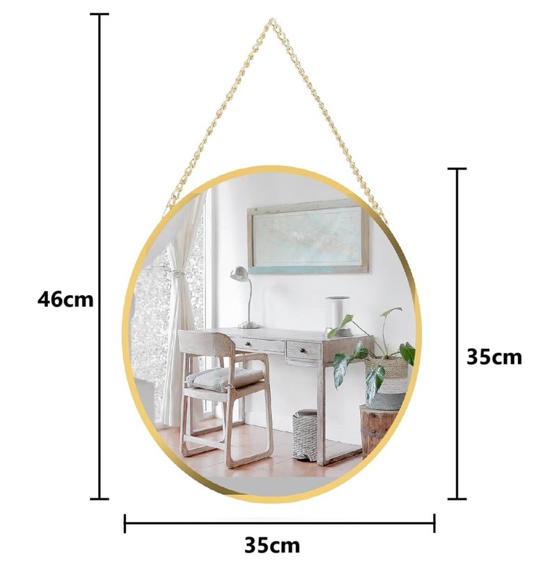 HOME ELEMENTS Wall Hanging Round Mirror with Chain, Scratchproof Silver Mirror, Circle Golden Metal Frame Mirror for Aesthetic Room Decor, Bathroom, Bedroom, Living Room, Entryway (35x46cm) - Image 4