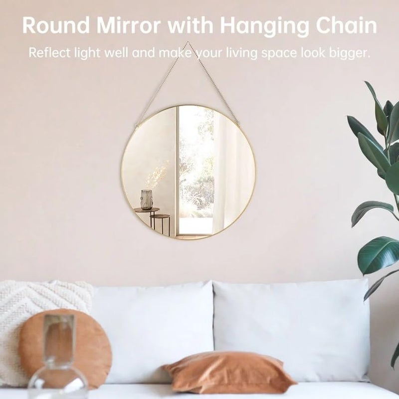 HOME ELEMENTS Wall Hanging Round Mirror with Chain, Scratchproof Silver Mirror, Circle Golden Metal Frame Mirror for Aesthetic Room Decor, Bathroom, Bedroom, Living Room, Entryway (35x46cm) - Image 3