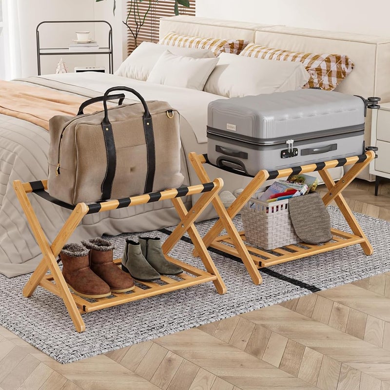 Smart FENDEE Fully Assembled Luggage Racks Pack of 2 Folding Suitcase Stand with Storage Shelf Bamboo Luggage Stand with 5 Nylon Straps for Guest Room Bedroom Heavy Duty Natural
