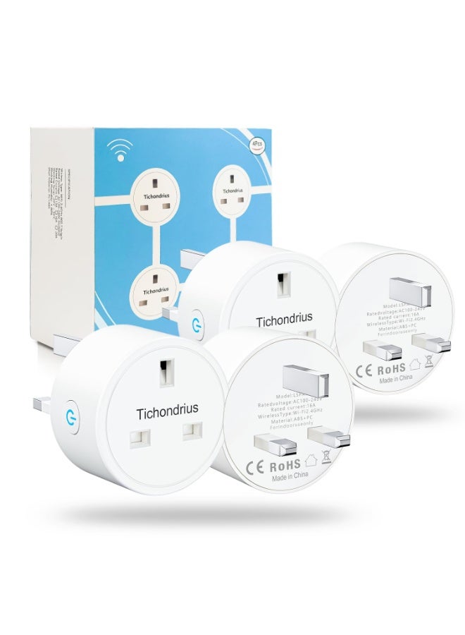 Tichondrius WiFi Smart Plug, 4 Pack 16A Smart Outlet Plug Socket Compatible with Alexa, Mini Socket with Remote Control & Voice Control with Electricity Statistics Timer Function, No Hub Required - Image 1