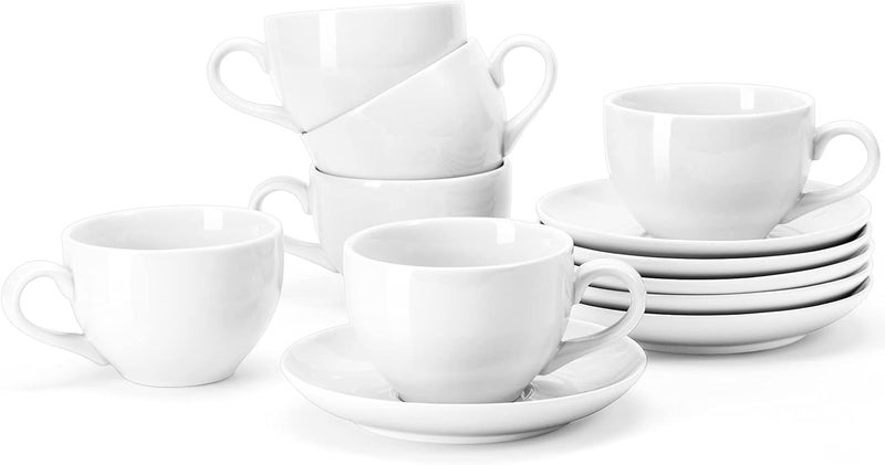 Yedio Porcelain Coffee Cups Set with Saucer, 6 Ounce White Porcelain Cup and Saucer Set for Cappuccino, Coffee Latte, Coffee drinks and Tea, Set of 6 - Image 1