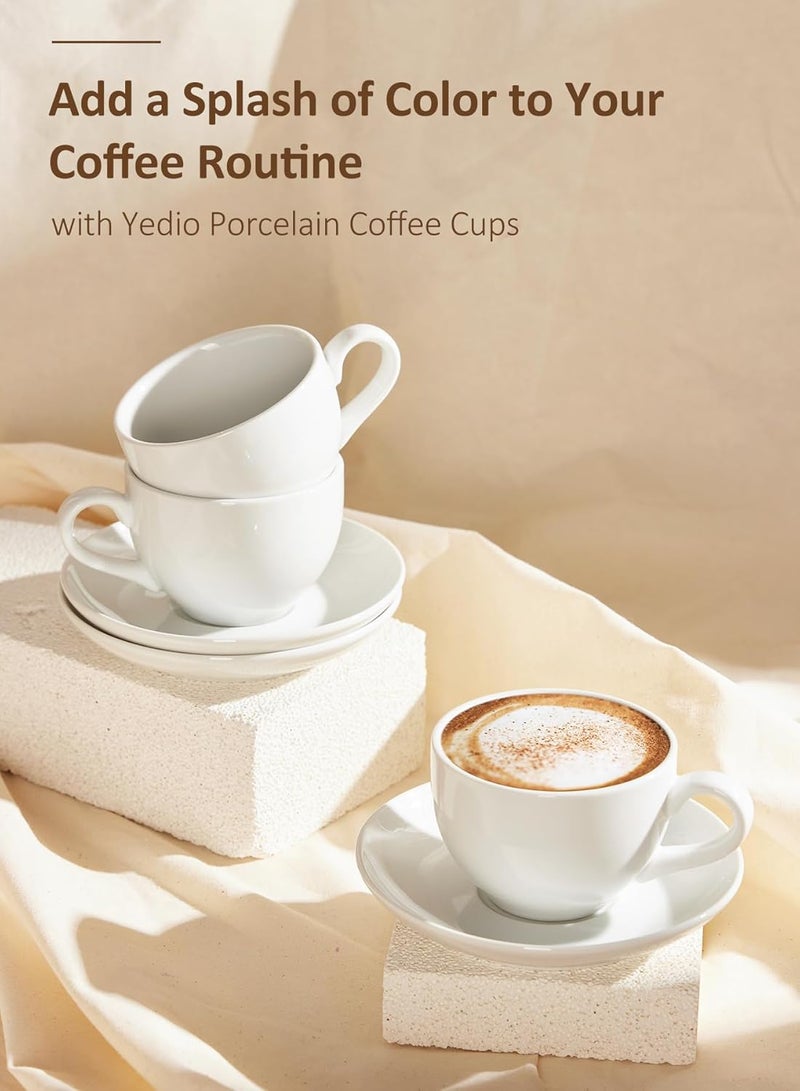 Yedio Porcelain Coffee Cups Set with Saucer, 6 Ounce White Porcelain Cup and Saucer Set for Cappuccino, Coffee Latte, Coffee drinks and Tea, Set of 6 - Image 5