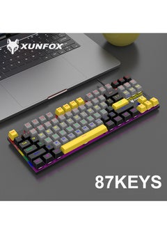 XUNFOX English Arabic Mechanical Gaming Keyboard with RGB Backlit, USB Wired 87 Keys Blue Switch Keyboard for Windows PC Gamers Black Yellow  - Image 2