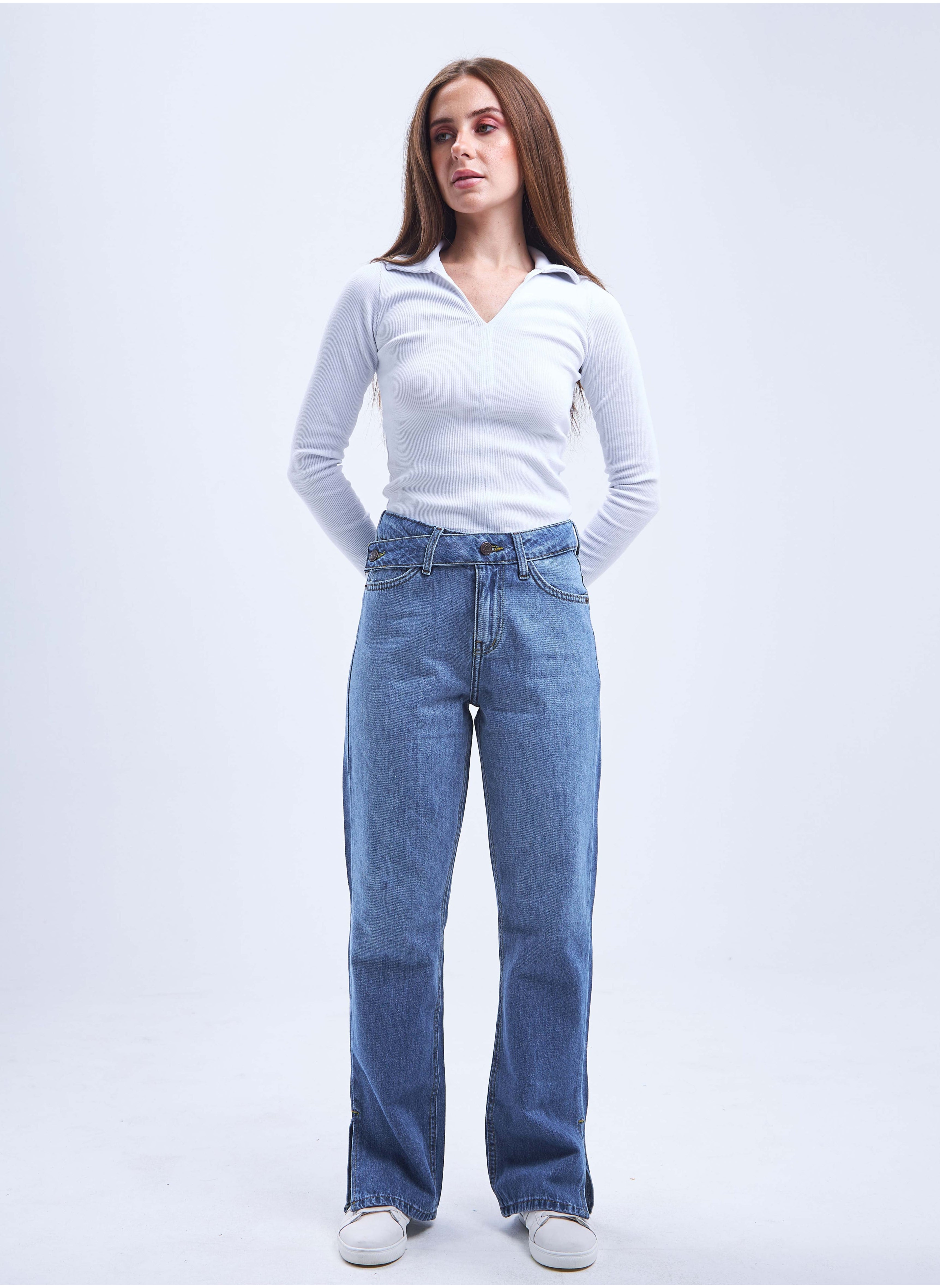 High-Waist Medium Wash Split Hem Cross-Belt Straight Leg Jeans. 