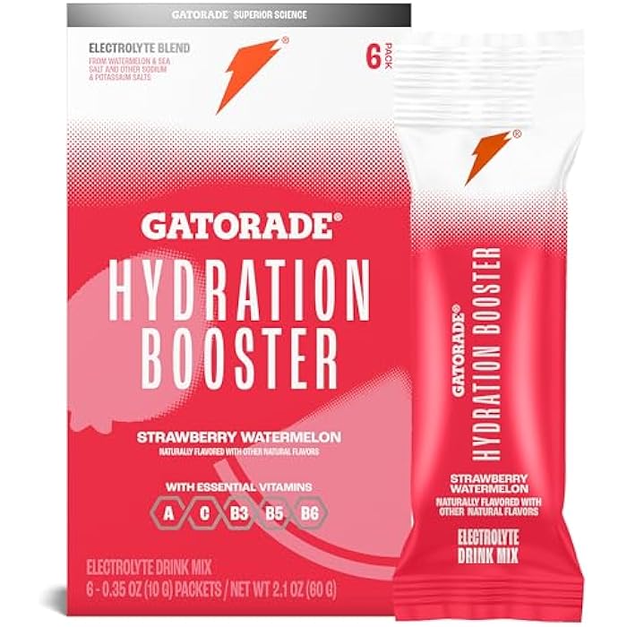 Gatorade Hydration Booster Electrolyte Drink Mix Powder Packets, Strawberry Watermelon, Advanced Electrolyte Blend, No Added Colors, No Artificial Sweeteners, Essential Vitamins A, C, B3, B5, B6, Makes 20 Fl Oz (6 Pack) - Image 1