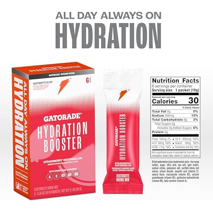 Gatorade Hydration Booster Electrolyte Drink Mix Powder Packets, Strawberry Watermelon, Advanced Electrolyte Blend, No Added Colors, No Artificial Sweeteners, Essential Vitamins A, C, B3, B5, B6, Makes 20 Fl Oz (6 Pack) - Image 2