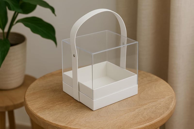 Fitto Transparent Acrylic  Gift Square Box 14x14x14cm with White Handle for Storage and Display