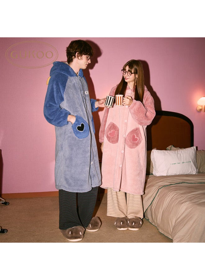 Gukoo Couple's Pajamas Winter Style Plush Women's Loungewear Warm Hooded Cartoon Bathrobe For Men Pink Women's Bathrobe L - Image 1