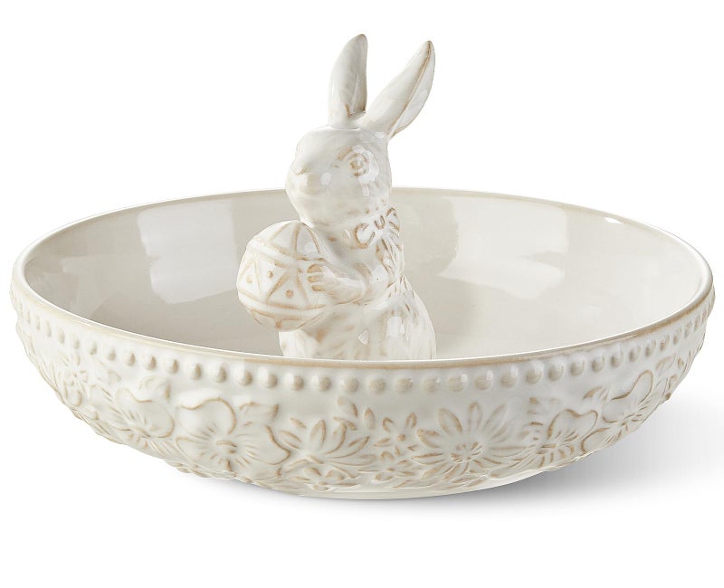 Metahom Easter Candy Dish, Ceramic Bunny Candy Bowl, Floral Decorative Bowl for Easter Home Decor, Office Treats, Party Snacks, 8 Inch, 28 Oz, Cream White - Image 1