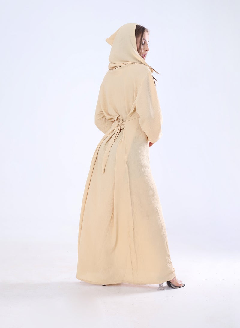 BEBO Plain long dress with hood and belt, free size, fits from 60 to 85 kg approximately_Beige  - Image 2