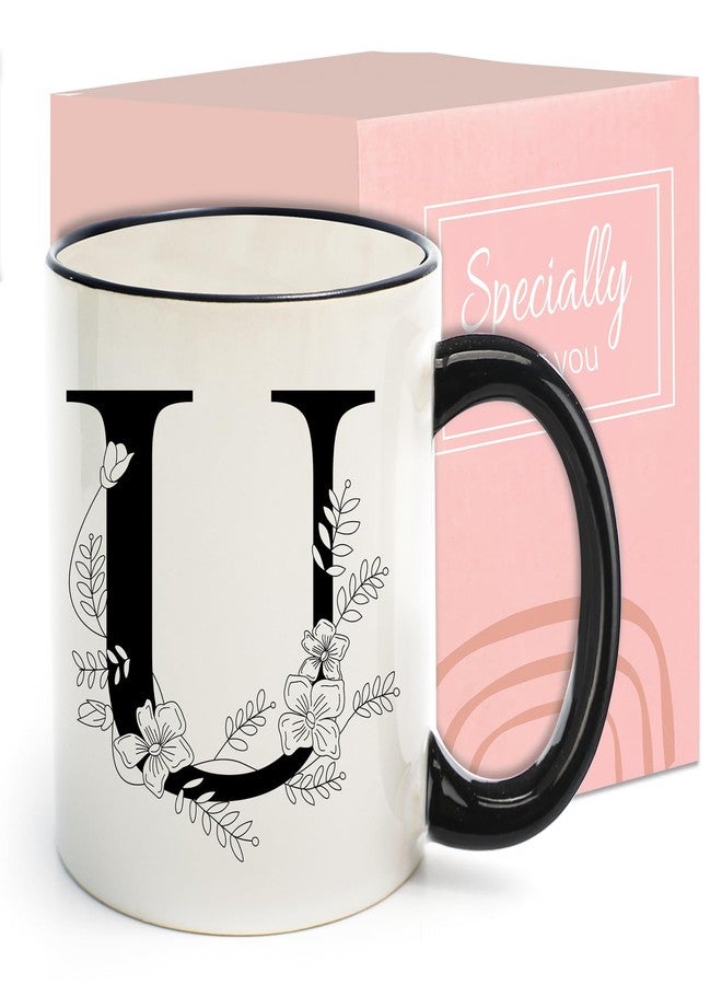 DHQH Monogram Ceramic Coffee Mugs, 11 oz Initial Drinking Cup with Gift Box, Unique Birthday Christmas Gifts for Women Wife Mothers Day Grandma Mom Aunt, U - Image 1