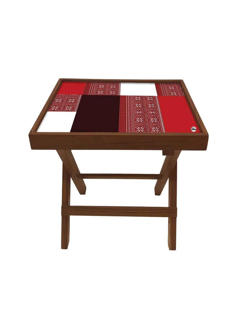 Nutcase Nutcase Designer Teak Wood Side Table Folding Wooden Bedside Coffee Outdoor Picnic Table Indin Fabric Patterns RED 12 x 16  - Image 1
