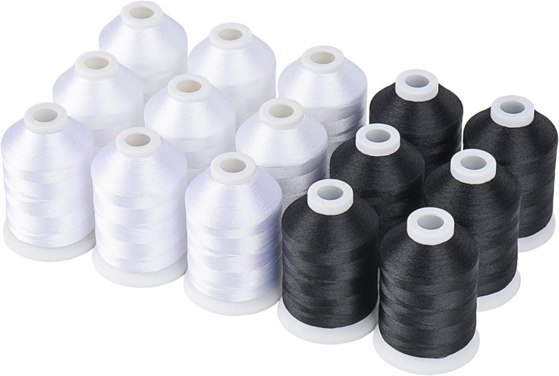 simthread Machine Embroidery Thread with Storage Box Polyester 20 Options 15 Spools Set, Each Spool Sewing Thread 40WT and 1100YD for Embroidery Sewing Machine (9 White + 6 Black) - Image 1