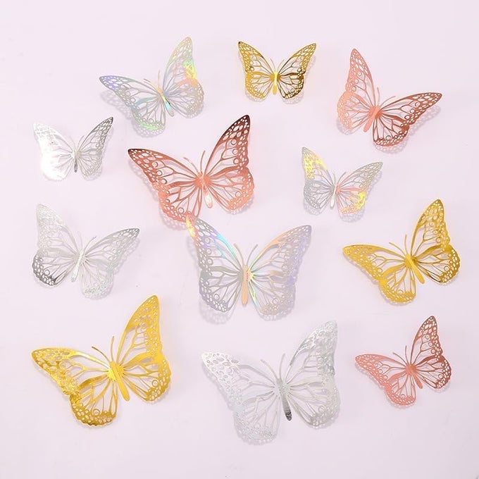 3D BUTTERFLY WALL DECOR 48 PCS 4 STYLES 4 COLORS 3 SIZES GOLD SILVER LASER ROSE DECORATIONS FOR BIRTHDAY PARTY CAKE REMOVABLE STICKER