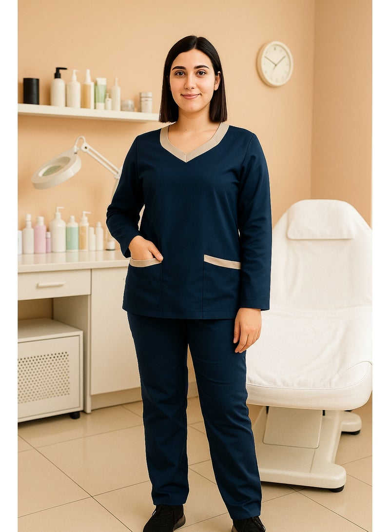 Rannah's Uniform Elegant Long Sleeve Navy Blue Scrub Suit with Beige Accents – Professional and Comfortable - Image 3