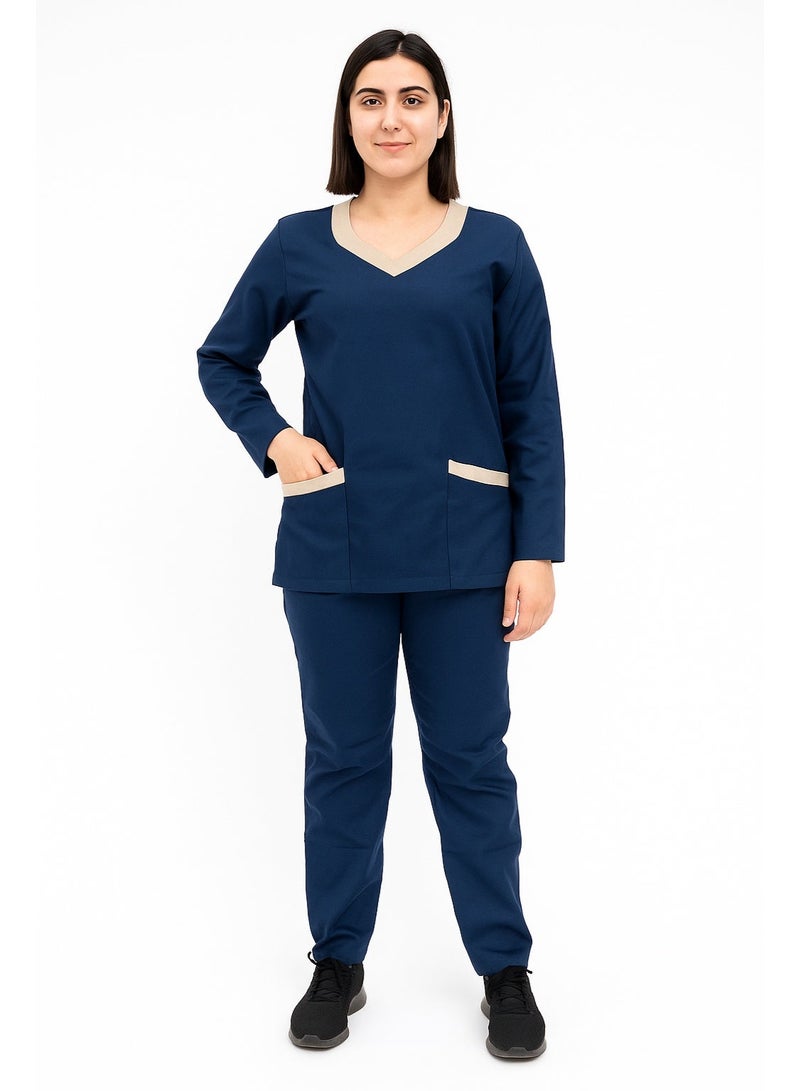 Rannah's Uniform Elegant Long Sleeve Navy Blue Scrub Suit with Beige Accents – Professional and Comfortable - Image 1