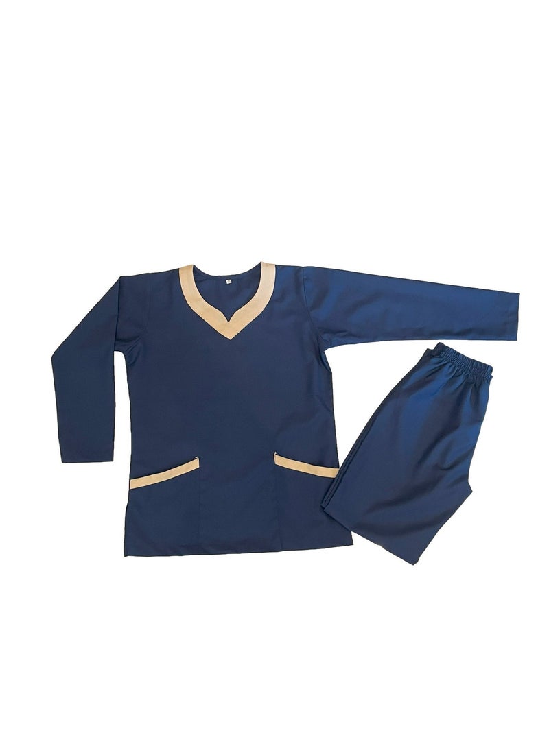 Rannah's Uniform Elegant Long Sleeve Navy Blue Scrub Suit with Beige Accents – Professional and Comfortable - Image 2