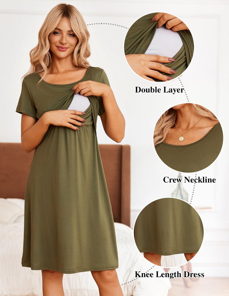 إكواير Maternity Nursing Dress for Women Short Sleeve Patchwork Breastfeeding Dress Summer Pregnancy Knee Length Dress Army Green - Image 2