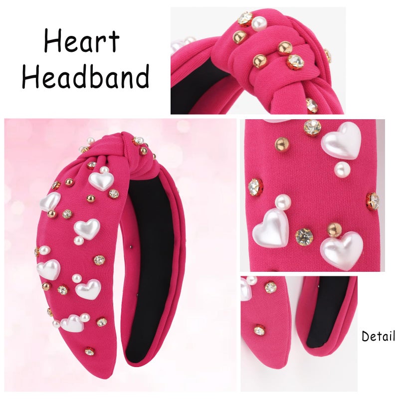Jaciya Valentines Headband Hot Pink Knotted Headbands for Women Girls Heart Head Band Pearl Hair Accessories Valentine's Day Decorations - Image 5