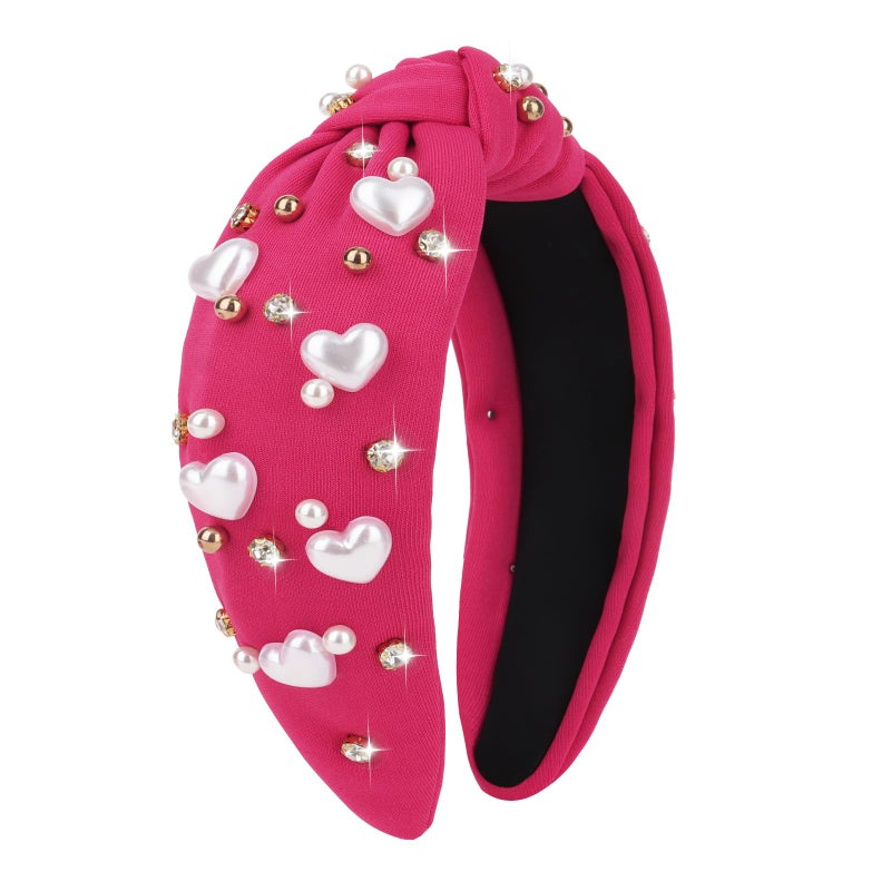 Jaciya Valentines Headband Hot Pink Knotted Headbands for Women Girls Heart Head Band Pearl Hair Accessories Valentine's Day Decorations - Image 1