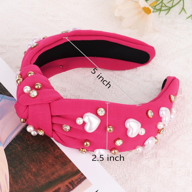 Jaciya Valentines Headband Hot Pink Knotted Headbands for Women Girls Heart Head Band Pearl Hair Accessories Valentine's Day Decorations - Image 4