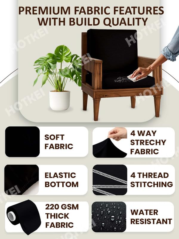 HOTKEI Black Dry Fit Pack of 6 Wooden Seat Covers 220 GSM Stretchable, Water-Resistant Elastic Sofa Slipcovers for 3 Seater Recliners Cushion Protector Sofa Cover Set - Image 2