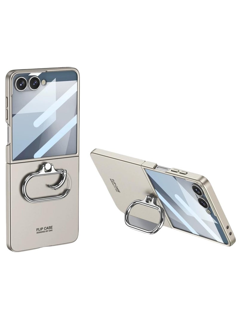 general Case Compatible with Samsung Galaxy Z Flip 7, with Ring Stand and Small Screen Tempered Film, PC Full-coverage Folding Case for Galaxy Z Flip 7