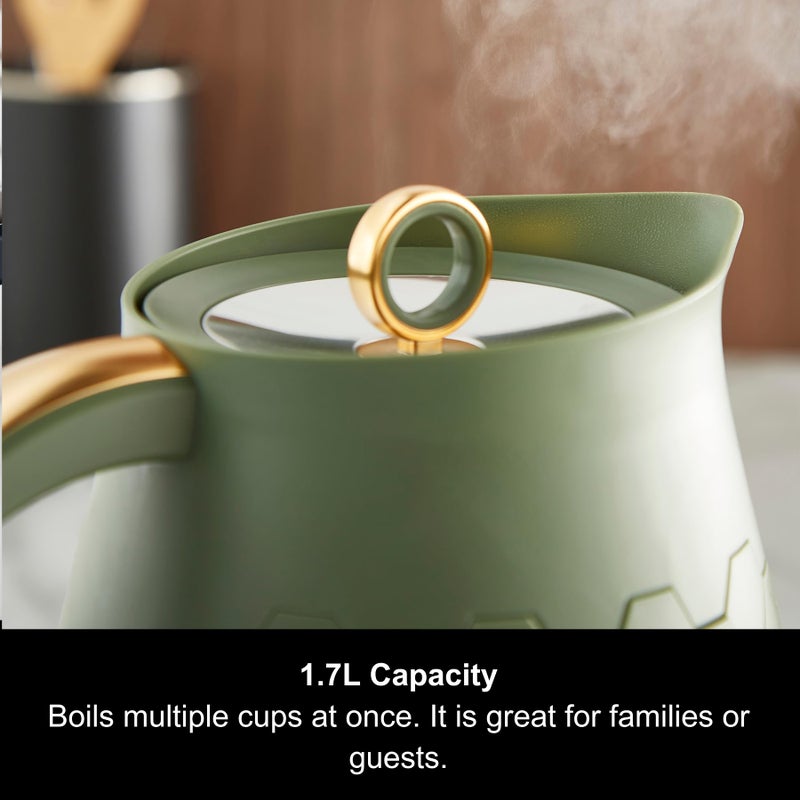 Morphy Richards Cassini Jug Kettle, 1.7L, 3Kw Rapid Boil, Precision Pour Spout, Boil Dry Protection, Cord Storage, Anti-Limescale Filter, Olivine Green & Gold, 103022 - Image 3