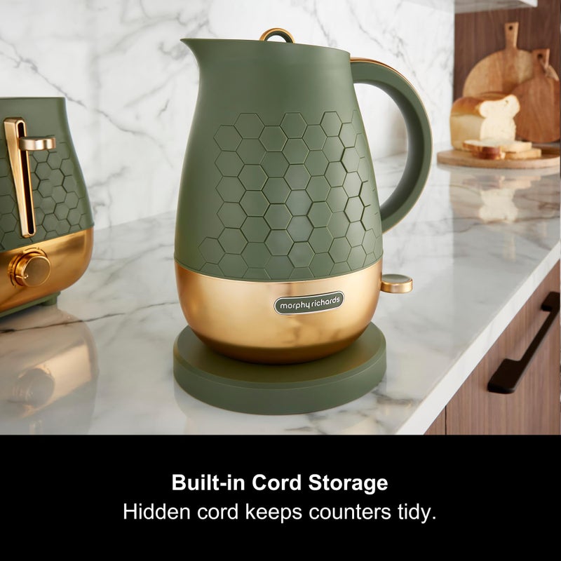 Morphy Richards Cassini Jug Kettle, 1.7L, 3Kw Rapid Boil, Precision Pour Spout, Boil Dry Protection, Cord Storage, Anti-Limescale Filter, Olivine Green & Gold, 103022 - Image 2