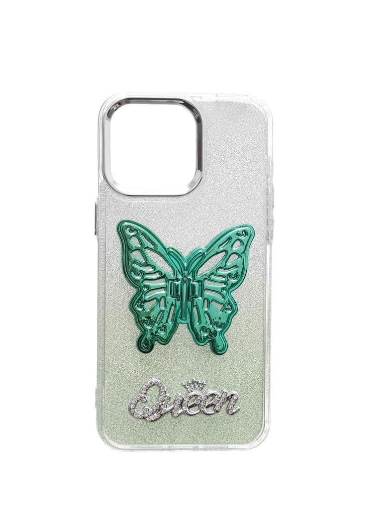 Glitter Plastic Back Cover with 3D Butterfly Hidden Stand for Iphone 15 Pro Max - Green - Image 1