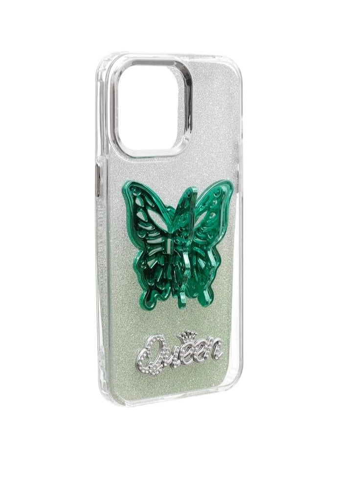 Glitter Plastic Back Cover with 3D Butterfly Hidden Stand for Iphone 15 Pro Max - Green - Image 2