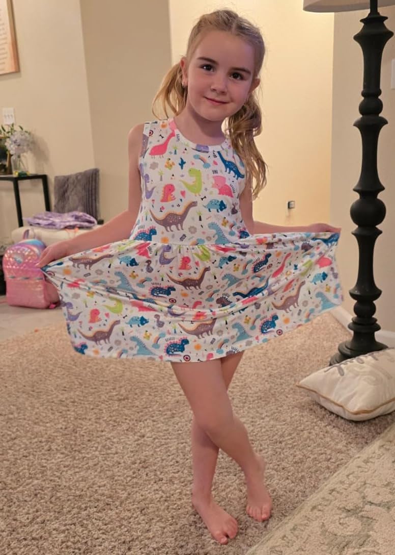Popshion Girls' Dinosaur Dress - Toddler Sleeveless Dresses for Summer Party - White/1300, 3-4T - Image 2