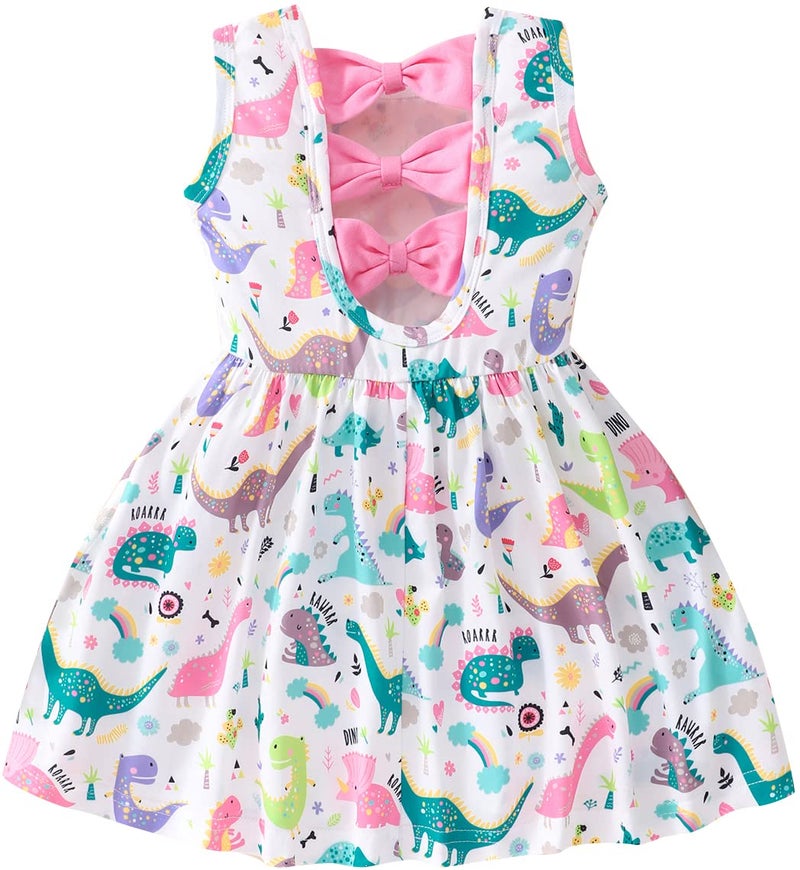 Popshion Girls' Dinosaur Dress - Toddler Sleeveless Dresses for Summer Party - White/1300, 3-4T - Image 1
