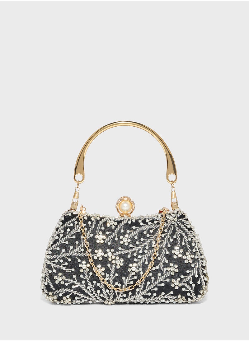 Khizana Metal Handle Diamante Floral Clutch Bag  - Image 1