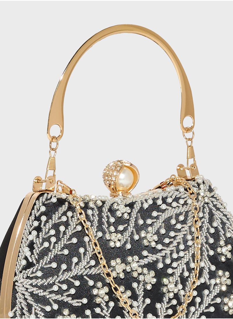 Khizana Metal Handle Diamante Floral Clutch Bag  - Image 4